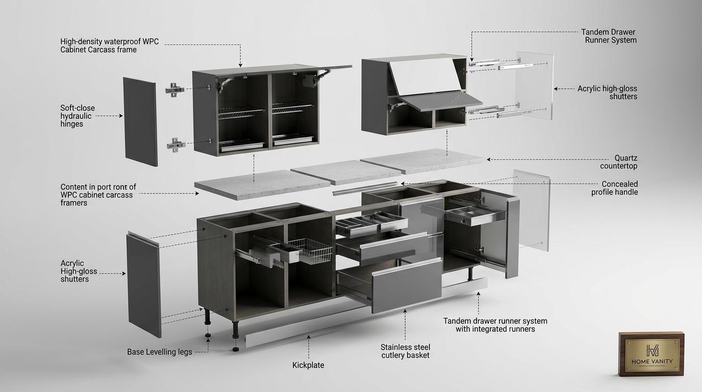 Home Vanity Modular Kitchen 3D Exploded Engineering Diagram showing WPC Carcass, Hydraulic Hinges, Tandem Drawers and Quartz Countertop
